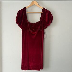 Red Velvet Puff Sleeve Mini Dress W Tie Back